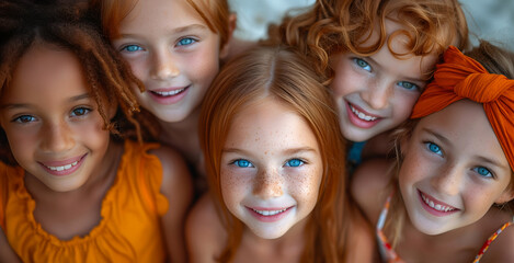 Group of joyful children peeping into camera - obrazy, fototapety, plakaty
