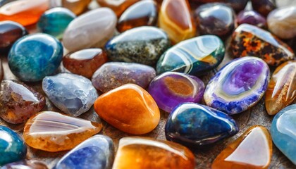 Obraz na płótnie Canvas collection of semi precious shiny reflective stones gemstones background agate in blue purple and orange used in alternative medicine and crystal healing