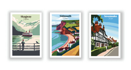 Sevenoaks, Kent. Sidmouth, Devon. Skagway, Alaska - Set of 3 Vintage Travel Posters. Vector illustration. High Quality Prints