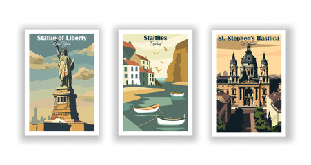 St. Stephen's Basilica, Budapest. Staithes, England. Statue of Liberty, New York - Set of 3 Vintage Travel Posters. Vector illustration. High Quality Prints © DesignerThc