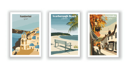 Fototapeta premium Santorini, Greek. Scarborough Beach, Australia. Sevenoaks, England - Set of 3 Vintage Travel Posters. Vector illustration. High Quality Prints