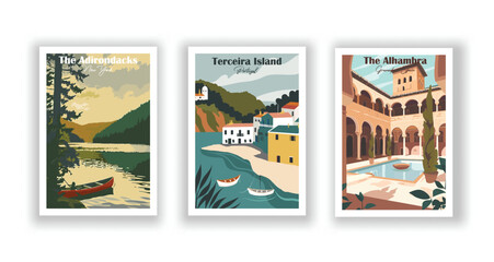 Fototapeta premium Terceira Island, Portugal. The Adirondacks, New York. The Alhambra, Granada, Spain - Set of 3 Vintage Travel Posters. Vector illustration. High Quality Prints