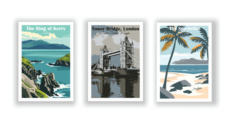 The Ring of Kerry, Ireland. The Seychelles, East Africa. The Tower Bridge, London, United Kingdom - Set of 3 Vintage Travel Posters. Vector illustration. High Quality Prints
