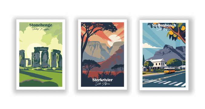 Stellenbosch, South Africa. Sterkrivier, South Africa. Stonehenge, United Kingdom - Set of 3 Vintage Travel Posters. Vector illustration. High Quality Prints
