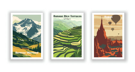 Bagan, Myanmar. Banaue Rice Terraces, Philippines. Bernese Oberland, Switzerland - Set of 3 Vintage Travel Posters. Vector illustration. High Quality Prints