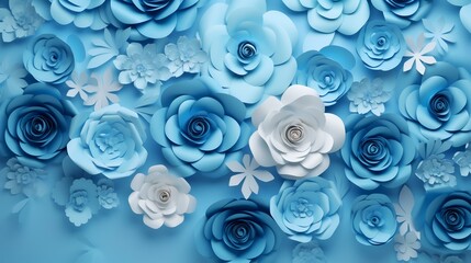 Background of blue paper flowers with empty space