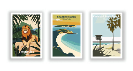 Carlsbad State Beach, California. Channel Islands, National Park - Set of 3 Vintage Travel Posters. Vector illustration. High Quality Prints