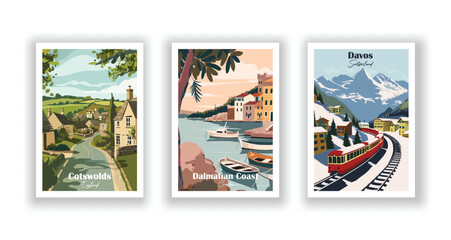 Cotswolds, England. Dalmatian Coast, Croatia. Davos, Switzerland - Set of 3 Vintage Travel Posters. Vector illustration. High Quality Prints