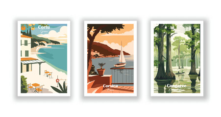 Congaree, National Park. Corfu, Greece. Corsica, France - Set of 3 Vintage Travel Posters. Vector illustration. High Quality Prints