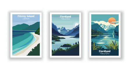 Fiordland National Park, New Zealand. Fiordland, National Park. Fitzroy Island, Australia - Set of 3 Vintage Travel Posters. Vector illustration. High Quality Prints
