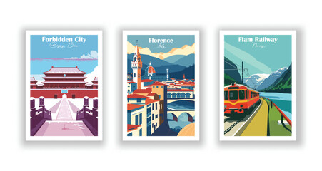 Flam Railway, Norway. Florence, Italy. Forbidden City, Beijing, China - Set of 3 Vintage Travel Posters. Vector illustration. High Quality Prints