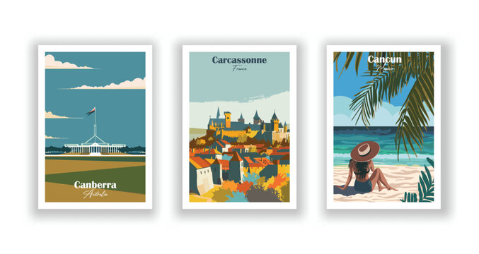 Canberra, Australia. Cancun, Mexico. Carcassonne, France - Set of 3 Vintage Travel Posters. Vector illustration. High Quality Prints
