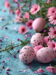 Obraz na płótnie Canvas Pink Flowers and Eggs on Table