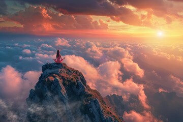 Vibrant and energetic woman practicing yoga on a mountain peak during a beautiful sunset