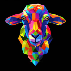 Obraz premium Portrait rainbow lamb black background, polygon design for printing on a T-shirt, mug, notebook