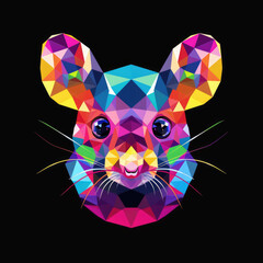 Portrait rainbow mouse black background, polygon design for printing on a T-shirt, mug, notebook