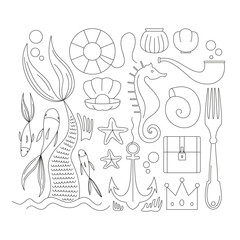 Vector line marine illustration. Collection of sea elements. Crown, smoking pipe, Mermaid, fish, anchor, shell, fork, chest, seahorse.