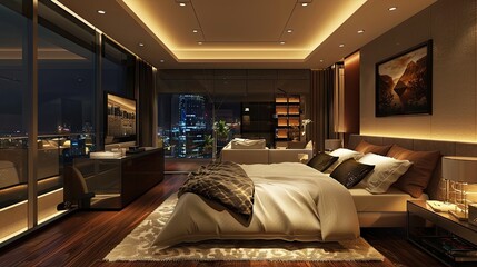 luxury hotel room, the design is modern,at the night  