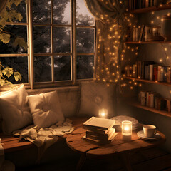 A cozy reading nook with a cup of tea and a book.