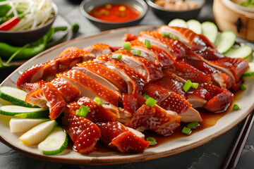 Peking duck served on a plate
