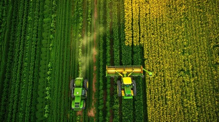 modern green john deere tractor works in a green farmland harvesting sugar beets. He is accompanied by a modern, yellow ROPA Tiger combine. View from a drone, realistic photo, center in the middle  