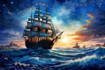 Fototapeta premium large sailing ship in the middle of the ocean