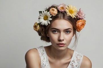 
Beautiful blonde woman with flower crown on her head in photography pose on light background