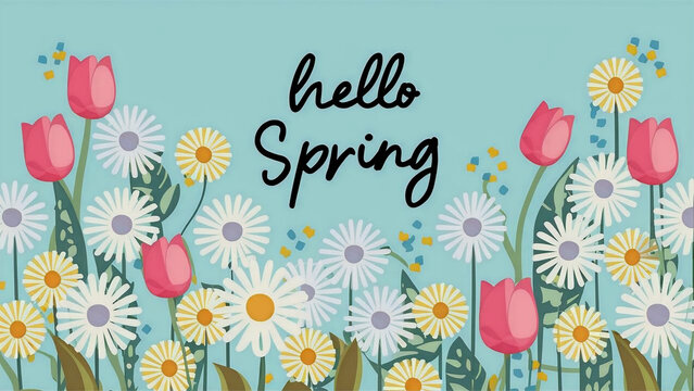 Cute Hello Spring card or horizontal poster for spring holidays with wildflowers, daisies, and tulips pattern. Hand drawn Floral art template for Easter,, birthday or Mothers Day decor. Generative AI