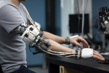 A man tests an advanced robotic prosthetic arm in a high-tech lab.