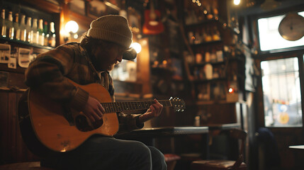 Musician playing guitar in a pub ambiance reminiscent of Inside Llewyn Davis dim lighting intimate setting vintage decor folk music vibes emotional performance cozy atmosphere cinematic - obrazy, fototapety, plakaty