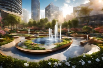 fountain in the park generated by AI technology - obrazy, fototapety, plakaty