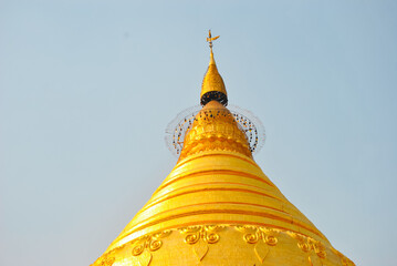 The close up of the top of Golden Shwezigon Pagoda in Bagan, Myanmar