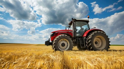 red modern tractor in a field of oats  