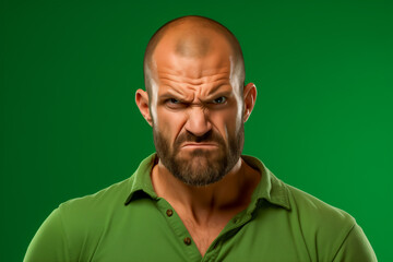 Portrait of angry man isolated on green background