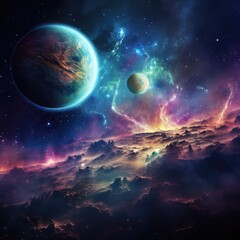 Fototapeta na wymiar Planet Earth with Moon and Colorful Nebula on background