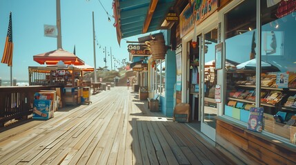 Beachfront boardwalk with shops selling souvenirs and snacks, with copy space