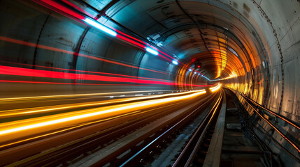 Fototapeta na wymiar high speed light trails motion effect in a subway tunnel, futuristic cyber tech wallpaper or background 