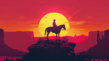 Silhouette of a young man cowboy with horse at the sunset - AI Generated