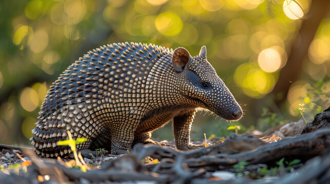 Close up of armadillo on blurred forest background - AI Generated