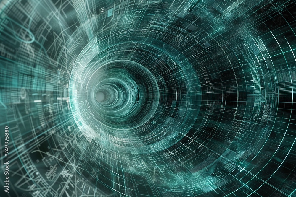 Poster perspective tunnel green hi-tech circle blue lines glowing tech time tunnel abstract digital design 