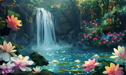a beautiful waterfall with exotic landscape