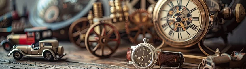 Zelfklevend Fotobehang vintage watches, vintage toy cars on a wood table, small machines, close up, complicated, steampunk   © Chaynam