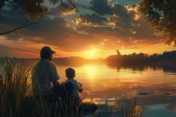 Father and son go fishing together at sunset.