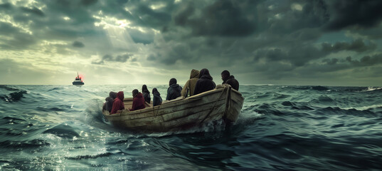 Old wooden single motor boat vessel overloaded with African refugees people chasing by Coast Guard boat in open sea near Africa. SOS, war refugees and social and mental poverty issues concept image. - obrazy, fototapety, plakaty