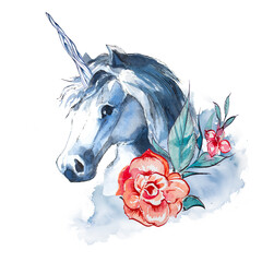 Watercolor hand painted magical unicorn illustration isolated on a white background. Fantastic creature design. Beautiful fairytale illustration.
