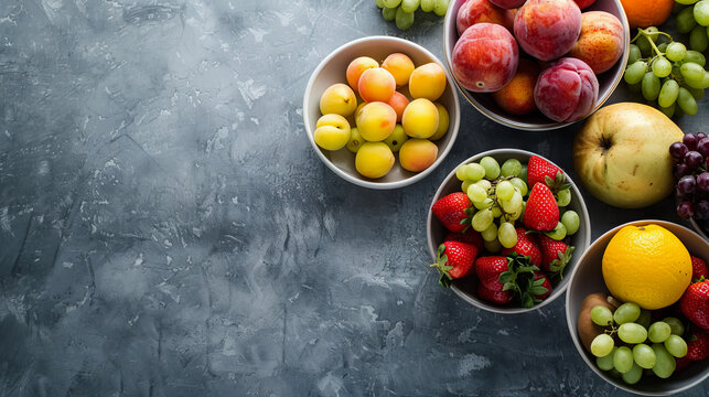 top view flat lay Fresh fruits assorted fruits arranged attractively in bowls on grey background with copy space - AI Generated