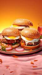 Hamburger served on a tray with various toppings on a pastel coloured background. AI generative.
