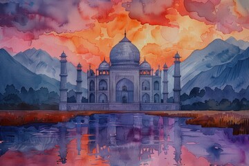 Obraz premium ramadan decoration and islamic watercolour greeting card background with a mosque landscape