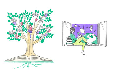 Illustrations with a girl in a tree and a girl by the window, symbolising education, learning, knowledge