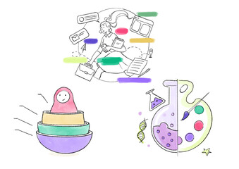 Illustrations with student in a hurry attacked by social media, chats and mail, a symbol of science versus art and a layered doll